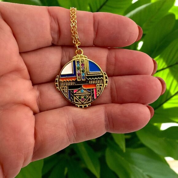 18KT Gold Filled CZ Micro Pave Enamel Medallion Necklace Shield Necklace - Picture 10 of 10